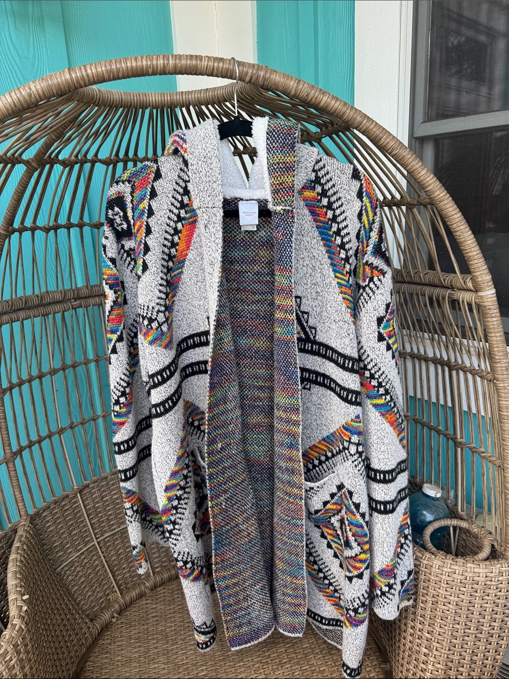 Open-Front Multicolor Aztec Knit Cardigan - White
